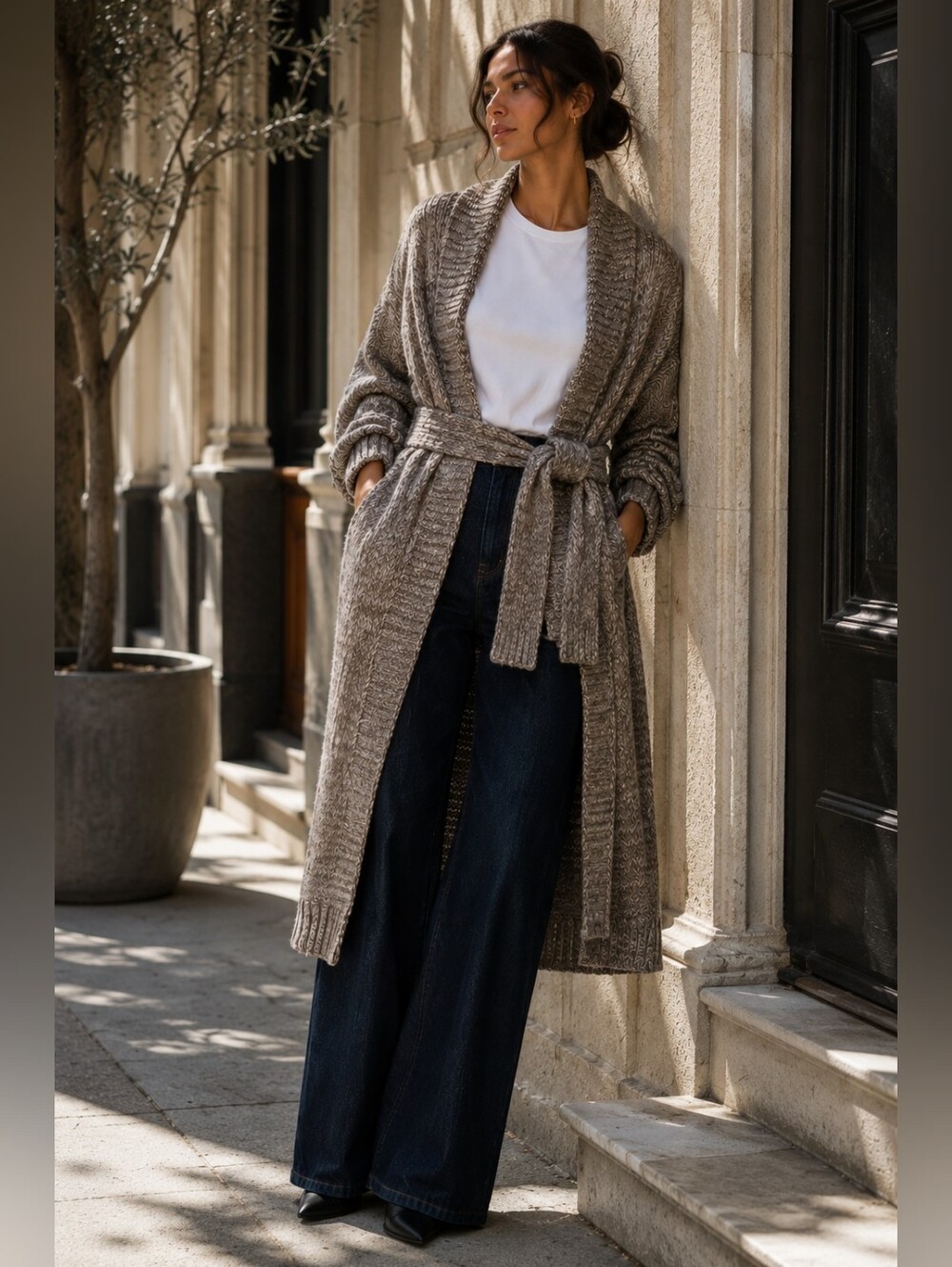 Mohair Wool Blend Belted Long Taupy- Beige Cable Knit Cardigan L-XL - Picture 2 of 13